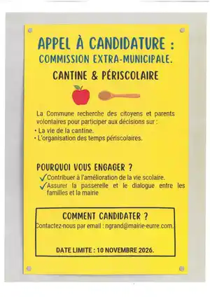 <h2>Appel à candidature pour la commission extra-communale cantine et périscolaire </h2>
